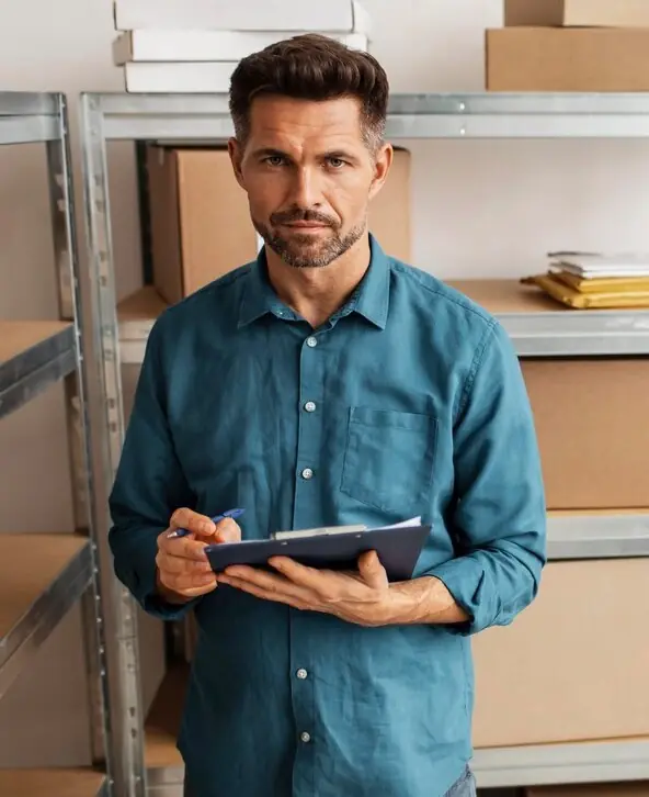 An operations lead holding a tablet in a stockroom